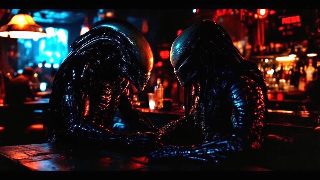 Xenomorph and Predator in Cantina Bar: Cinematic Film Still
