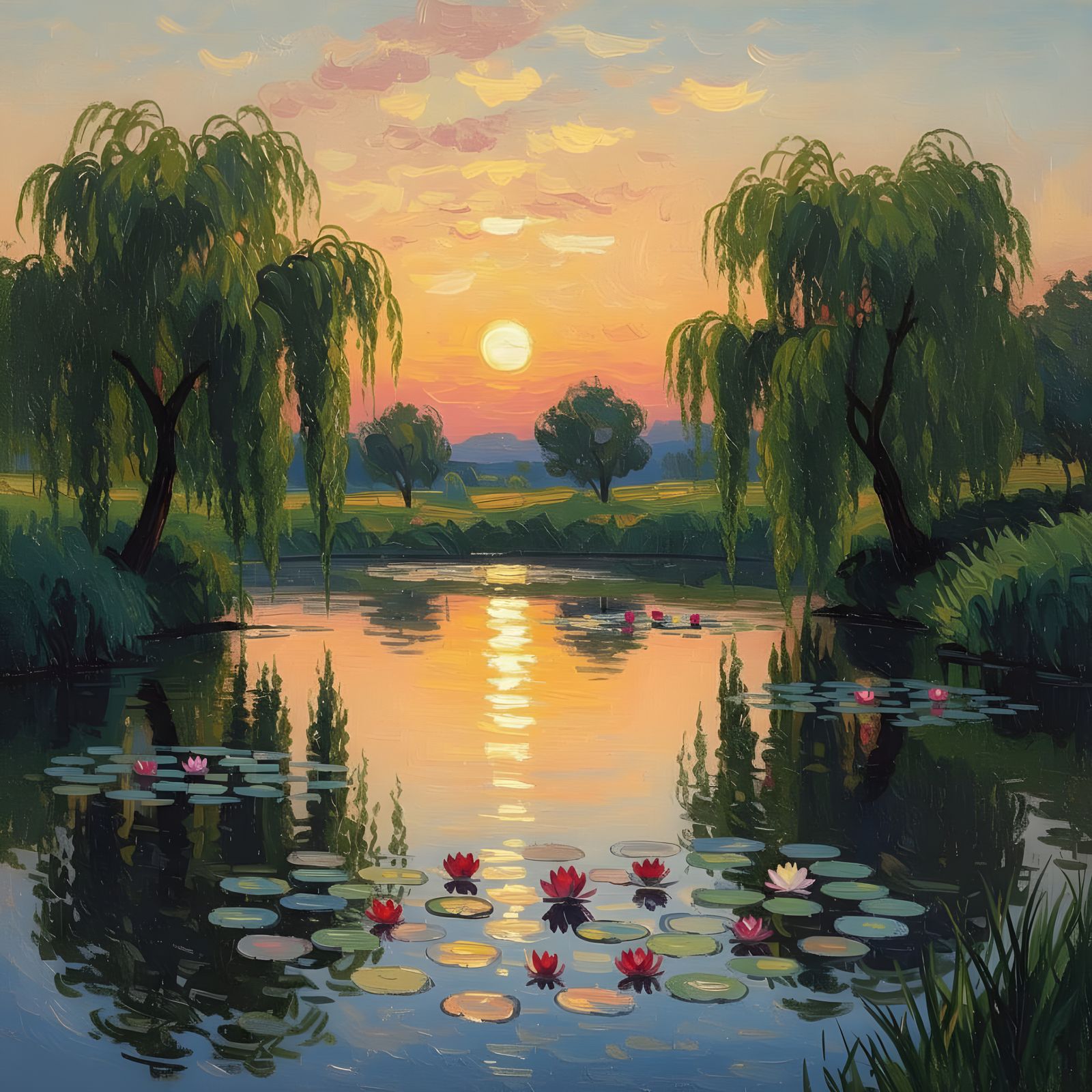 Impressionistic Pond at Dusk with Weeping Willows