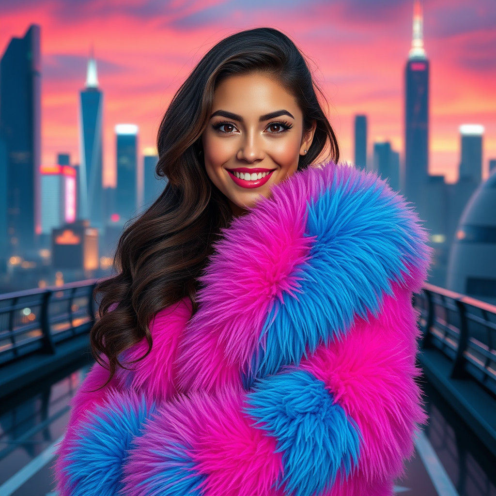 Woman in Fur Coat Posing in Futuristic City