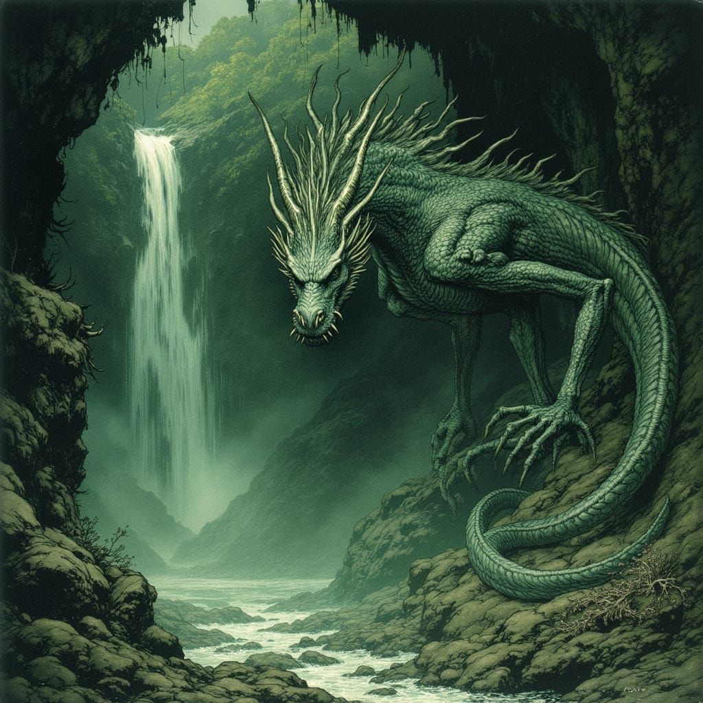Mossy Stone Dragon Guards Emerald Grotto Waterfall