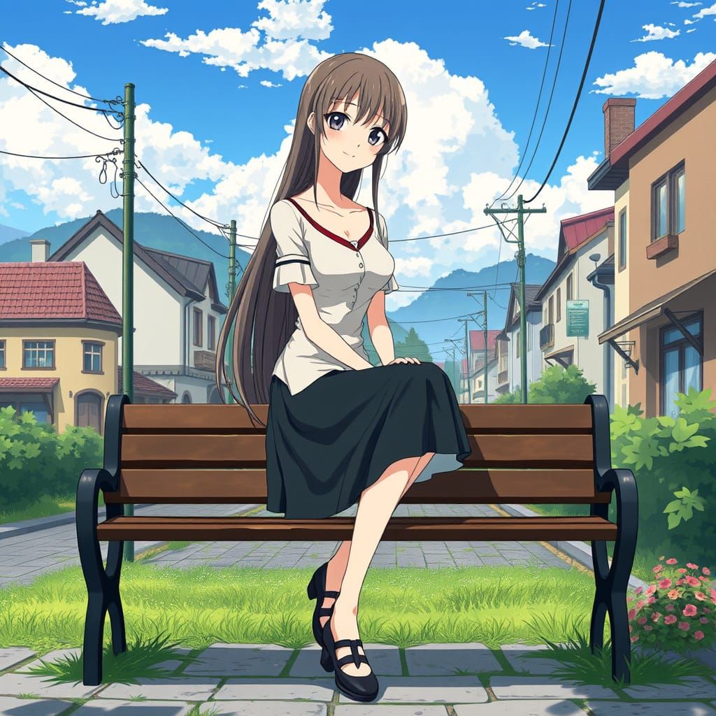 Anime Woman in Studio Ghibli Style Sits on Bench in Serene T...