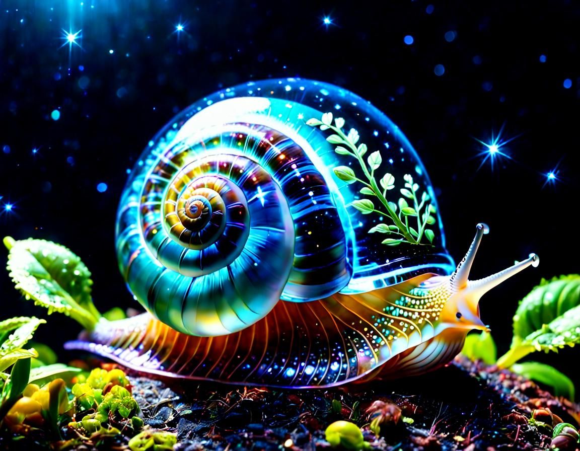Bioluminescent Snail with Glowing Glass Shell