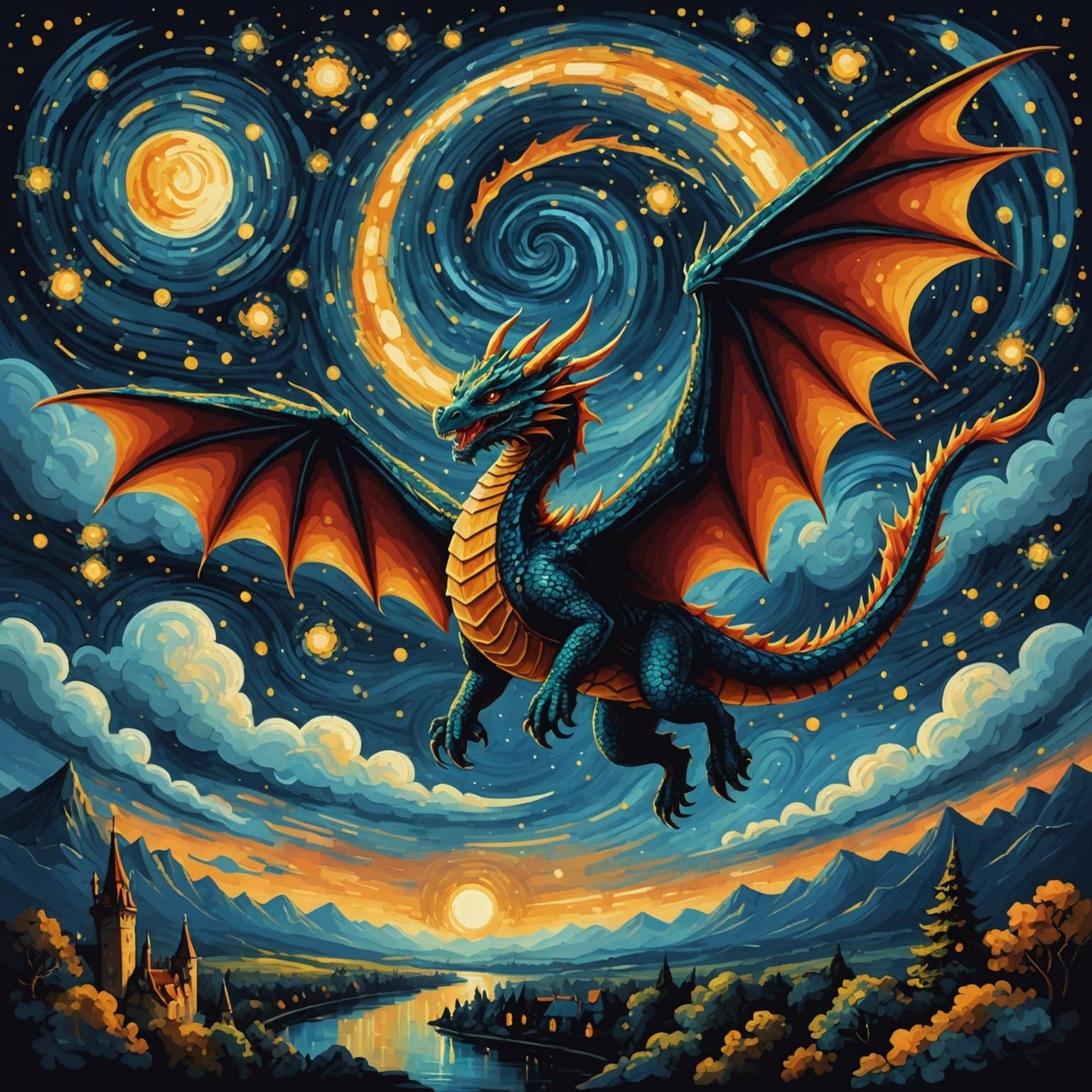 Dragon Flight Under Starry Night Sky
