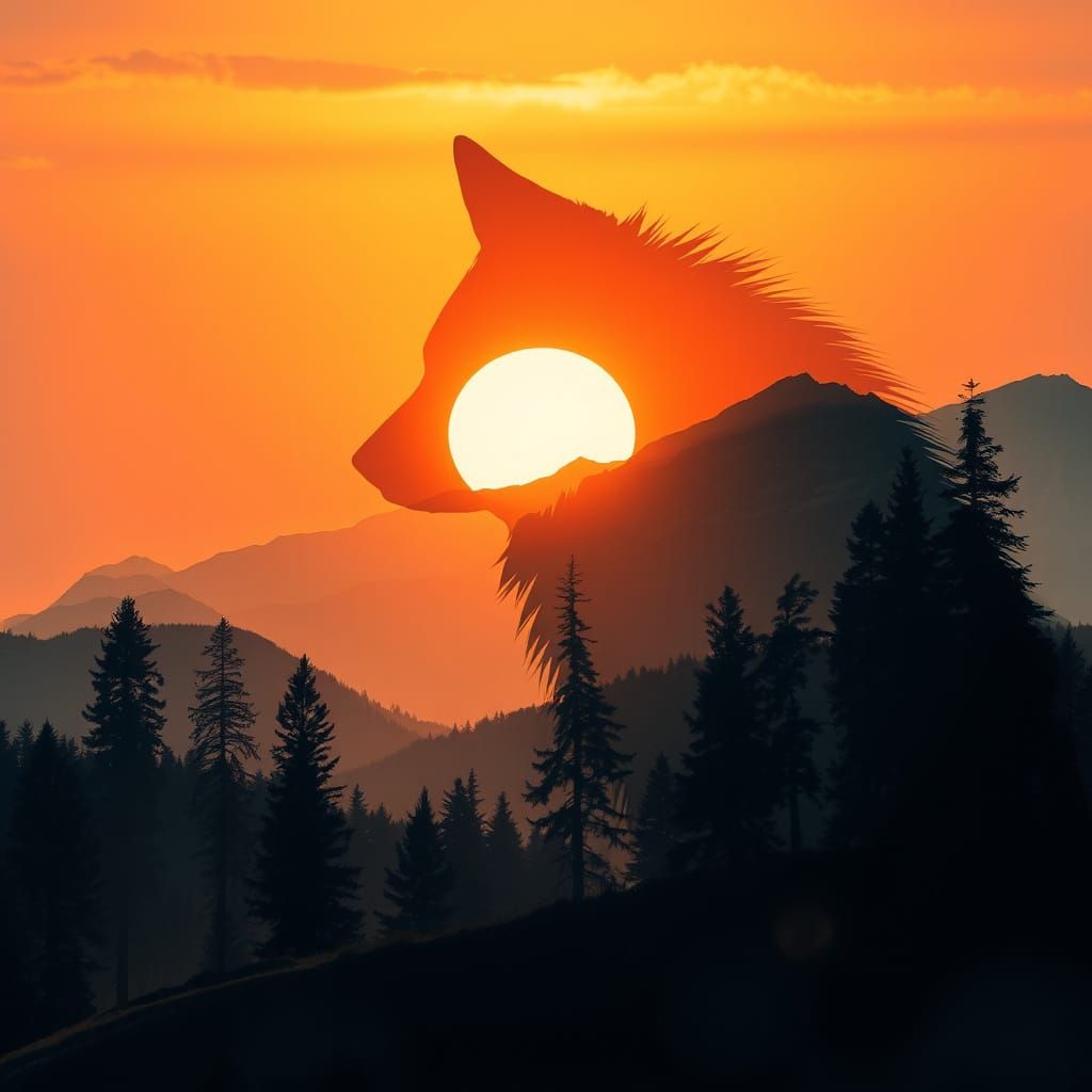 Wolf Silhouette Blends with Serene Mountain Landscape in Dou...