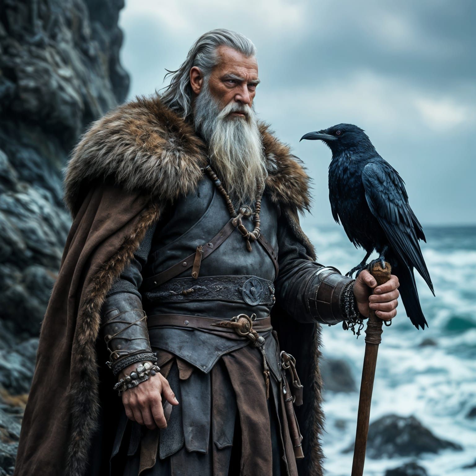 Viking Warrior with Raven on Cliff