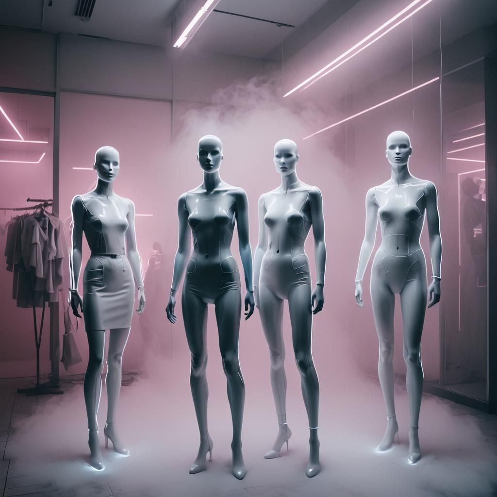 Neon Mannequins in Fog: Grainy Black and White Photo