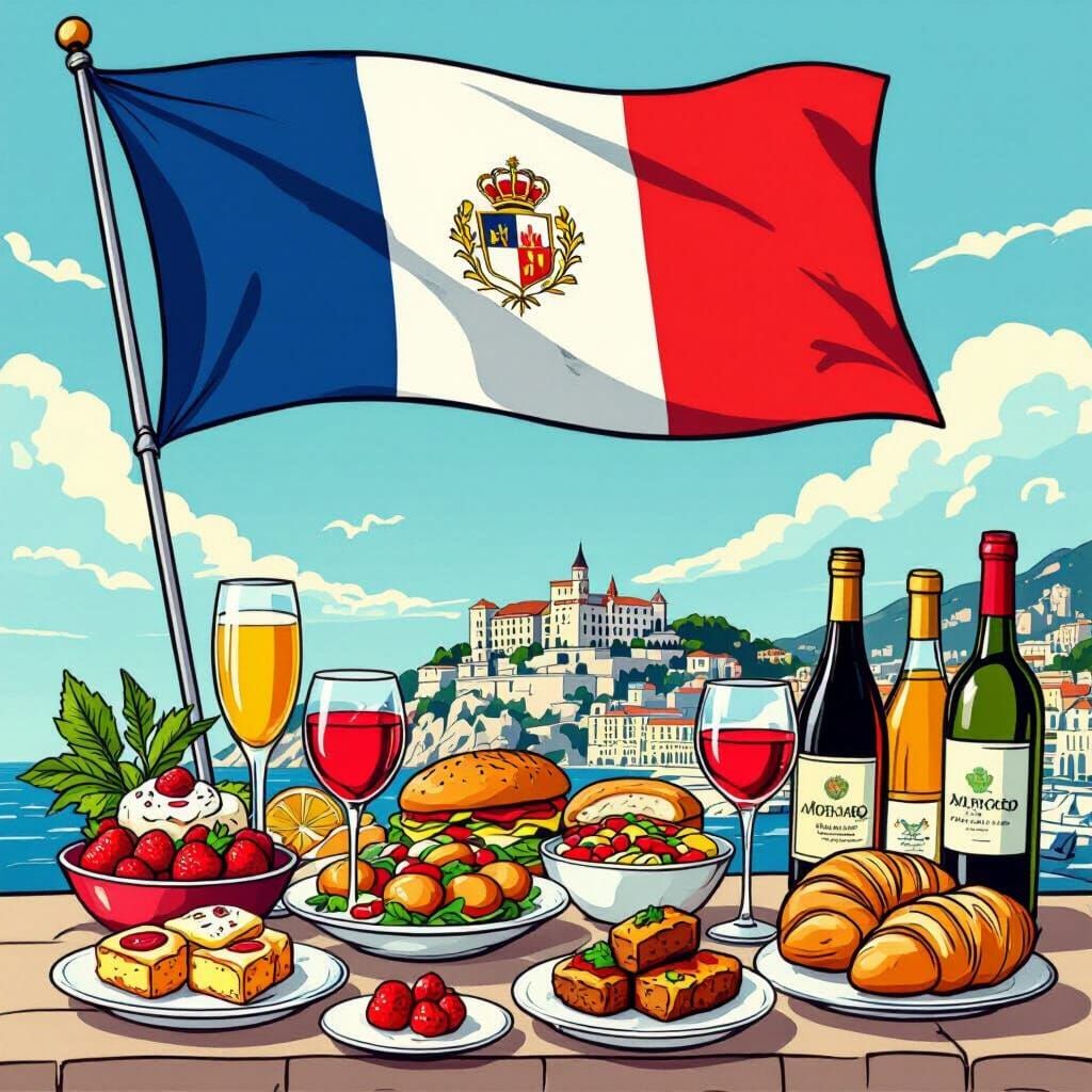 Monaco Flag and Cuisine Cartoon Illustration