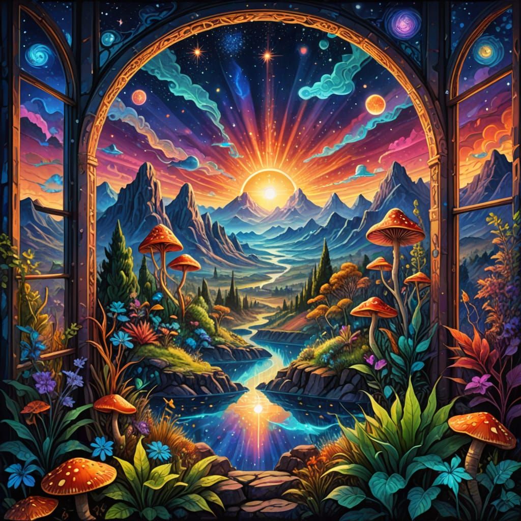 Surreal Cosmic Landscape Beyond a Mystical Window