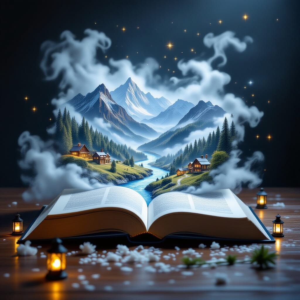 Fantasy Landscape Flows From Open Book, Surreal Realism