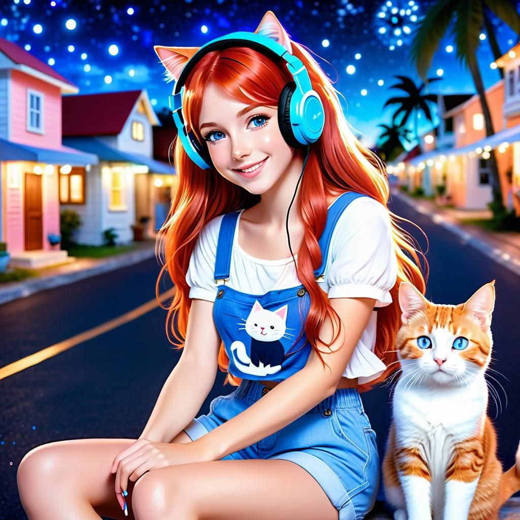 Pretty Girl with Cat: Vibrant Anime Digital Art