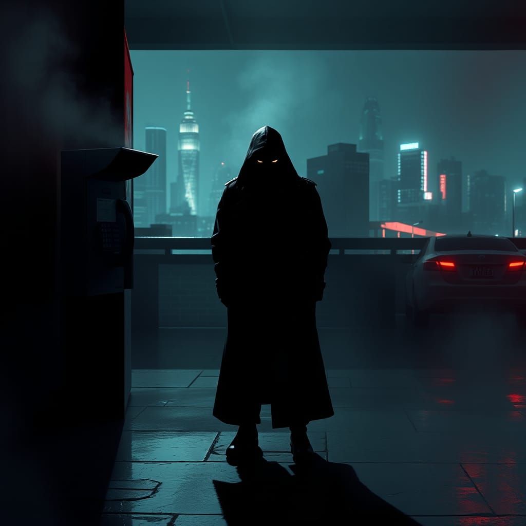 Dark Futuristic Figure in a Neon Cityscape