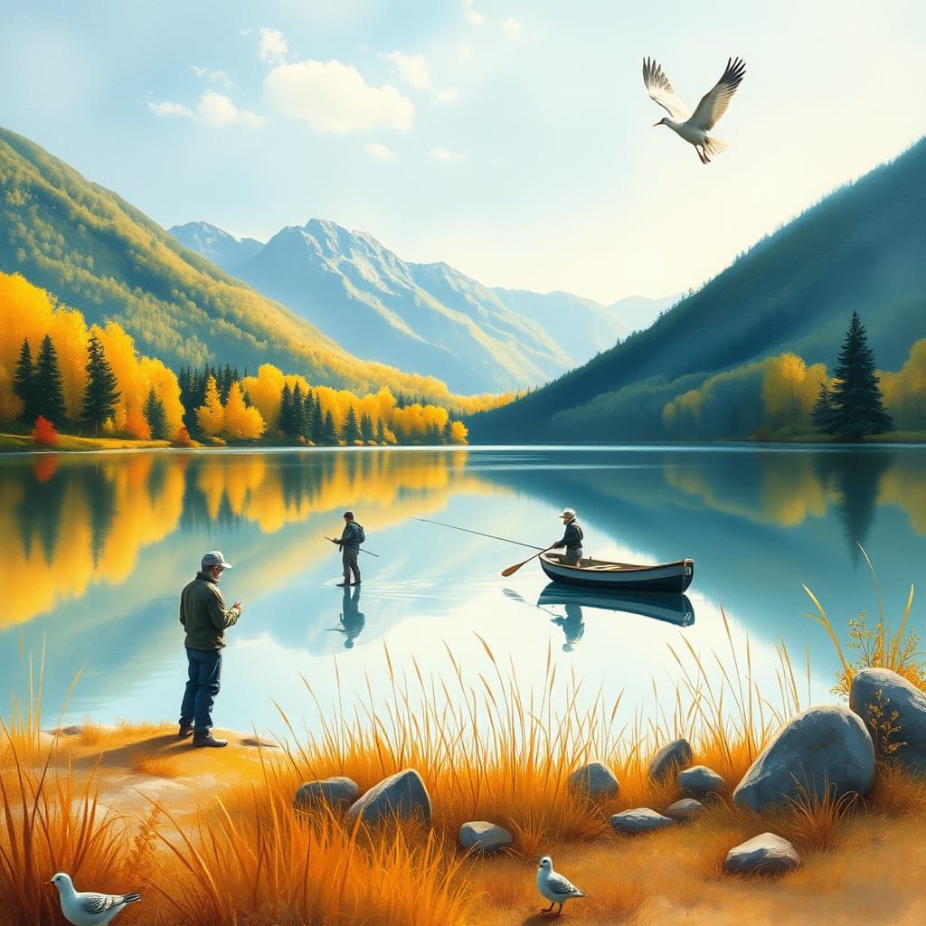 Peaceful Lakeside Landscape in Soft Watercolors