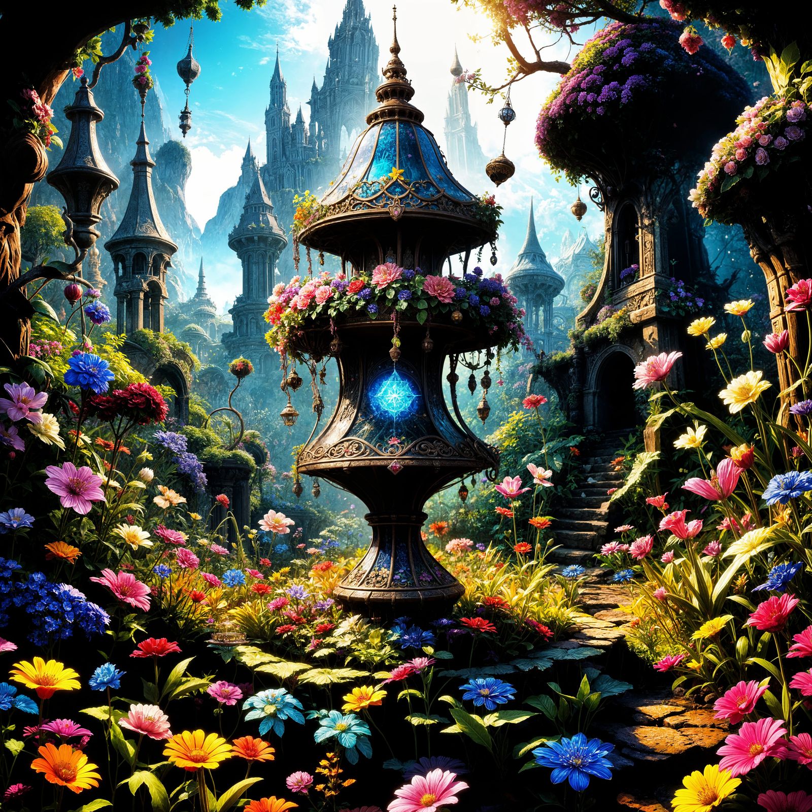 Mystical Flower Garden Under Diamond Bell: Matte Painting