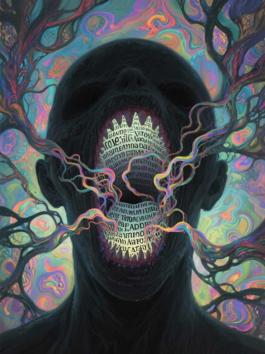 Surreal Double Exposure of Grotesque Mouth with Spilling Wor...