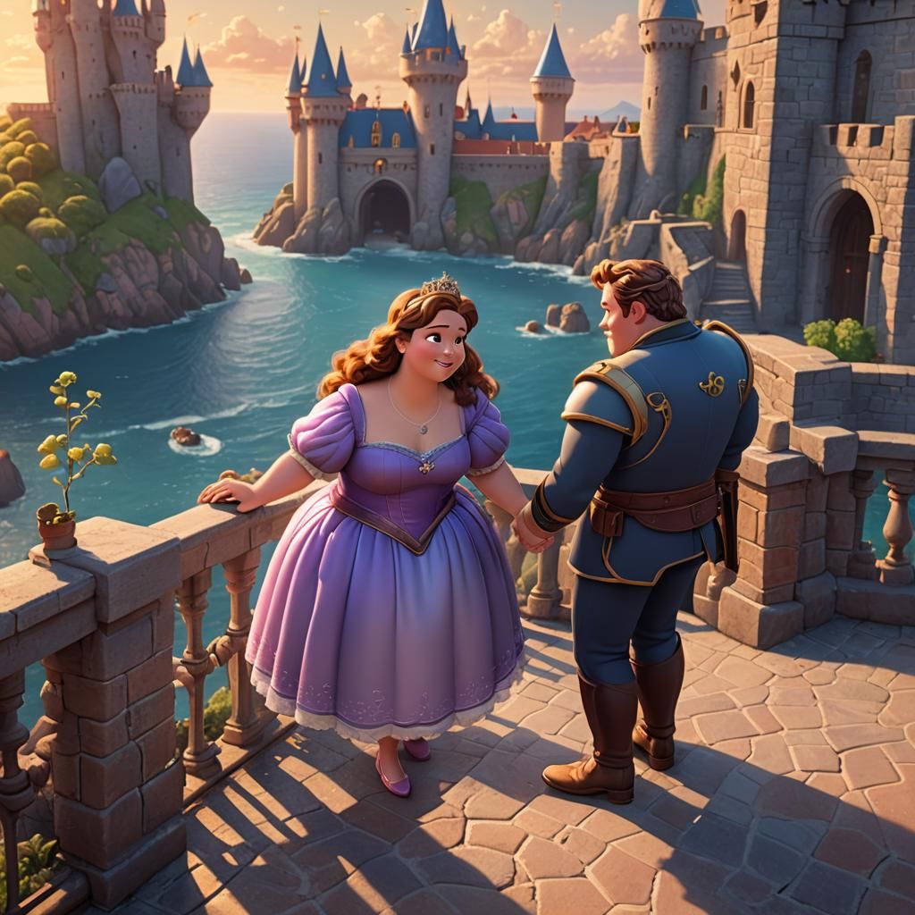 Princess and Fiancé on Castle Balcony as 3D Art