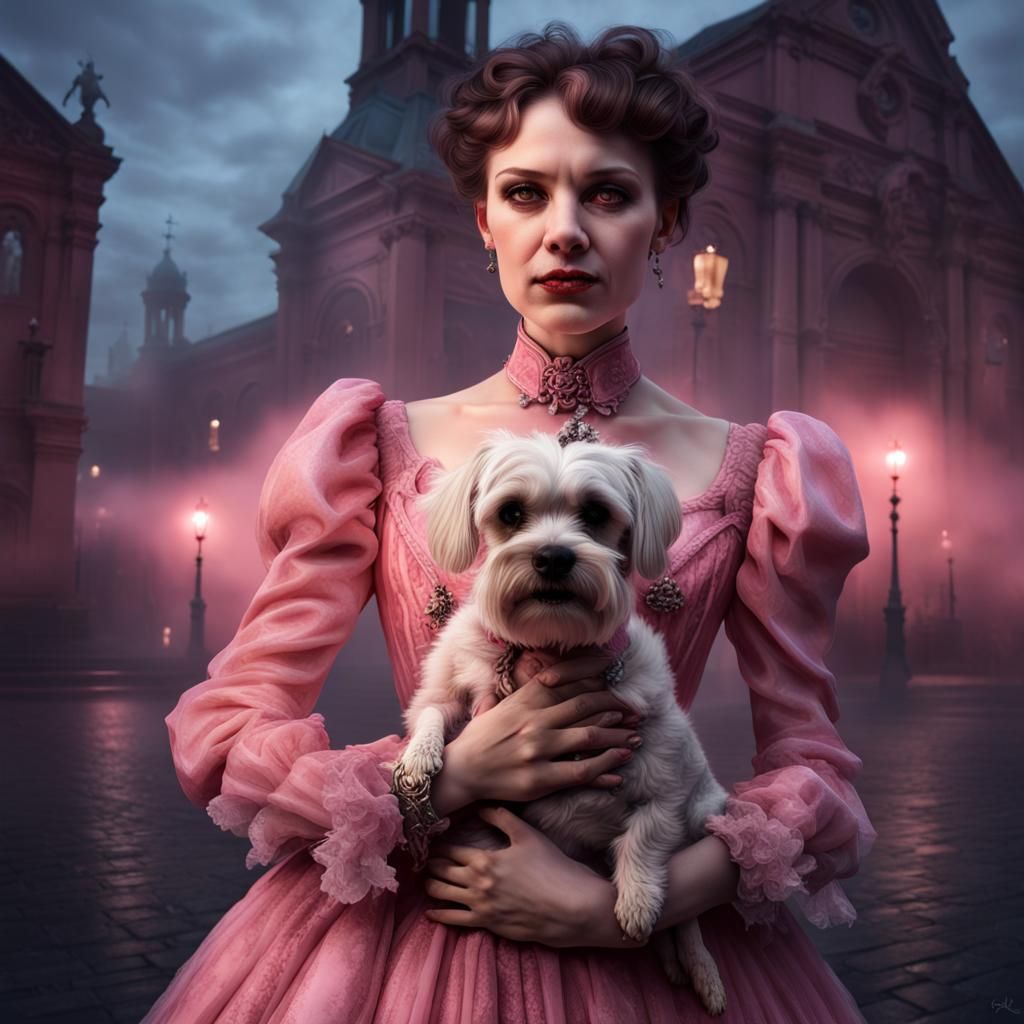 Victorian Lady with Dog in Red Fog