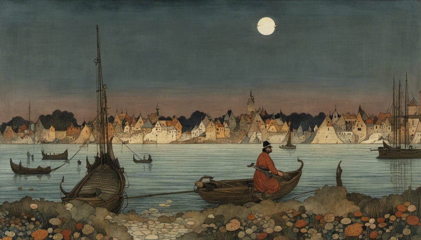 Fisherman at Dawn: A Medieval Fairytale Illustration