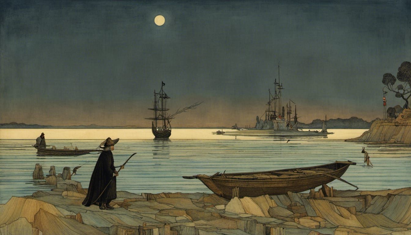 Fisherman at Dawn: Medieval Port Town in the Background