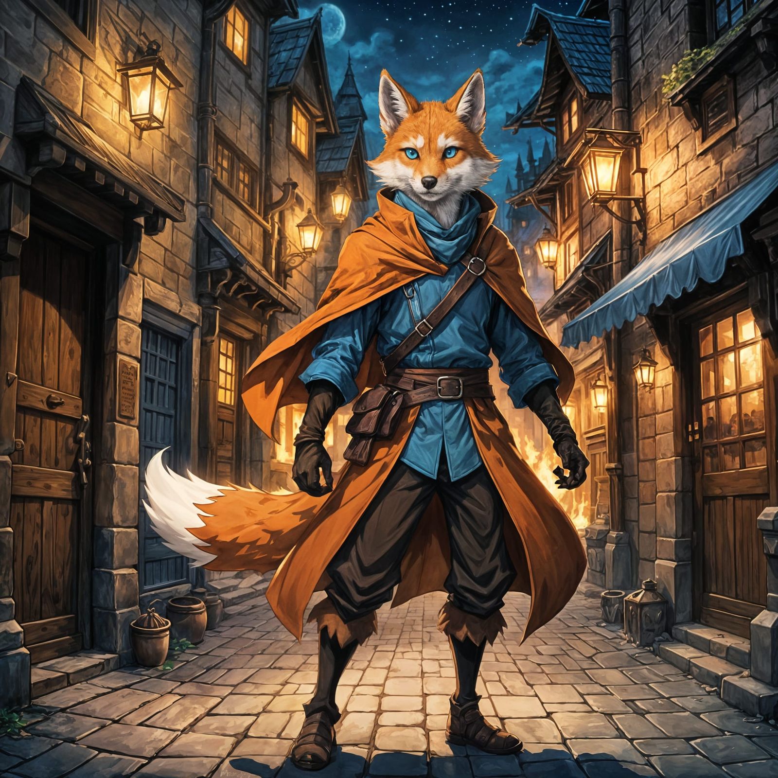 Kitsune Thief in Dark Cityscape, Anime Art