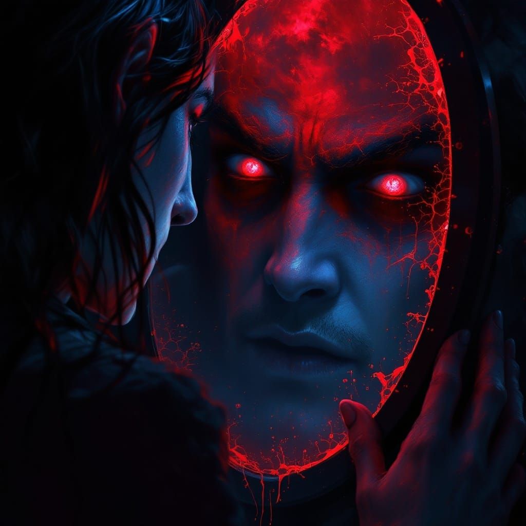 Dark Fantasy Portrait with Blood-Red Moonlit Reflection