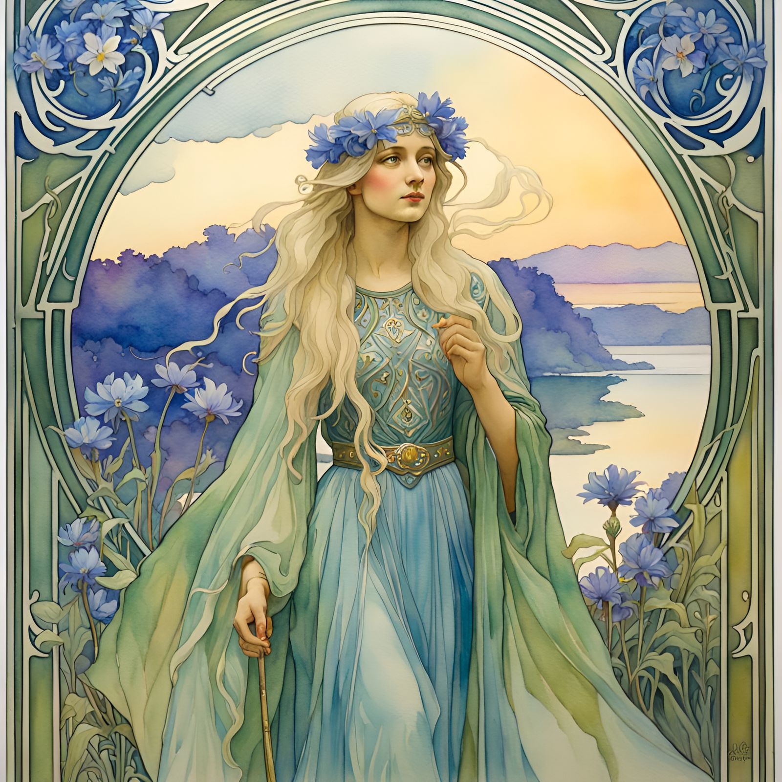 Morgan le Fay on Avalon in Art Nouveau Style