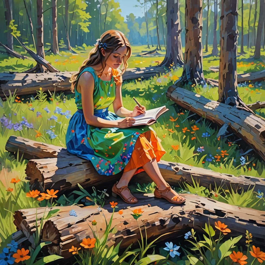 Girl Sketching Wildflowers as Impasto Oil Painting