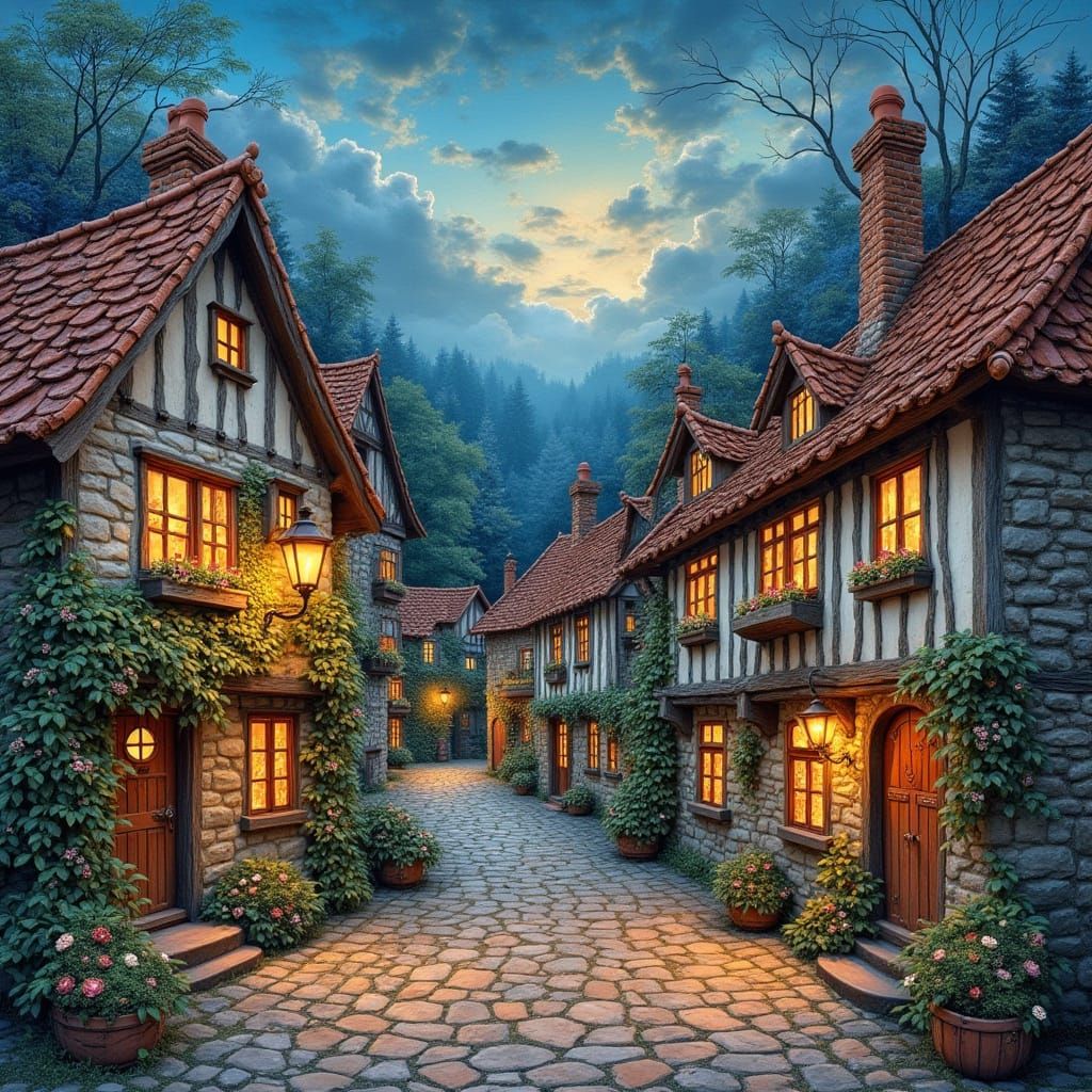 Whimsical Quilted Village at Twilight