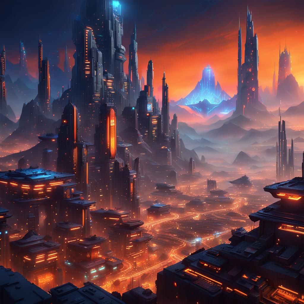 Cyberpunk Hive City Concept Art at Dusk