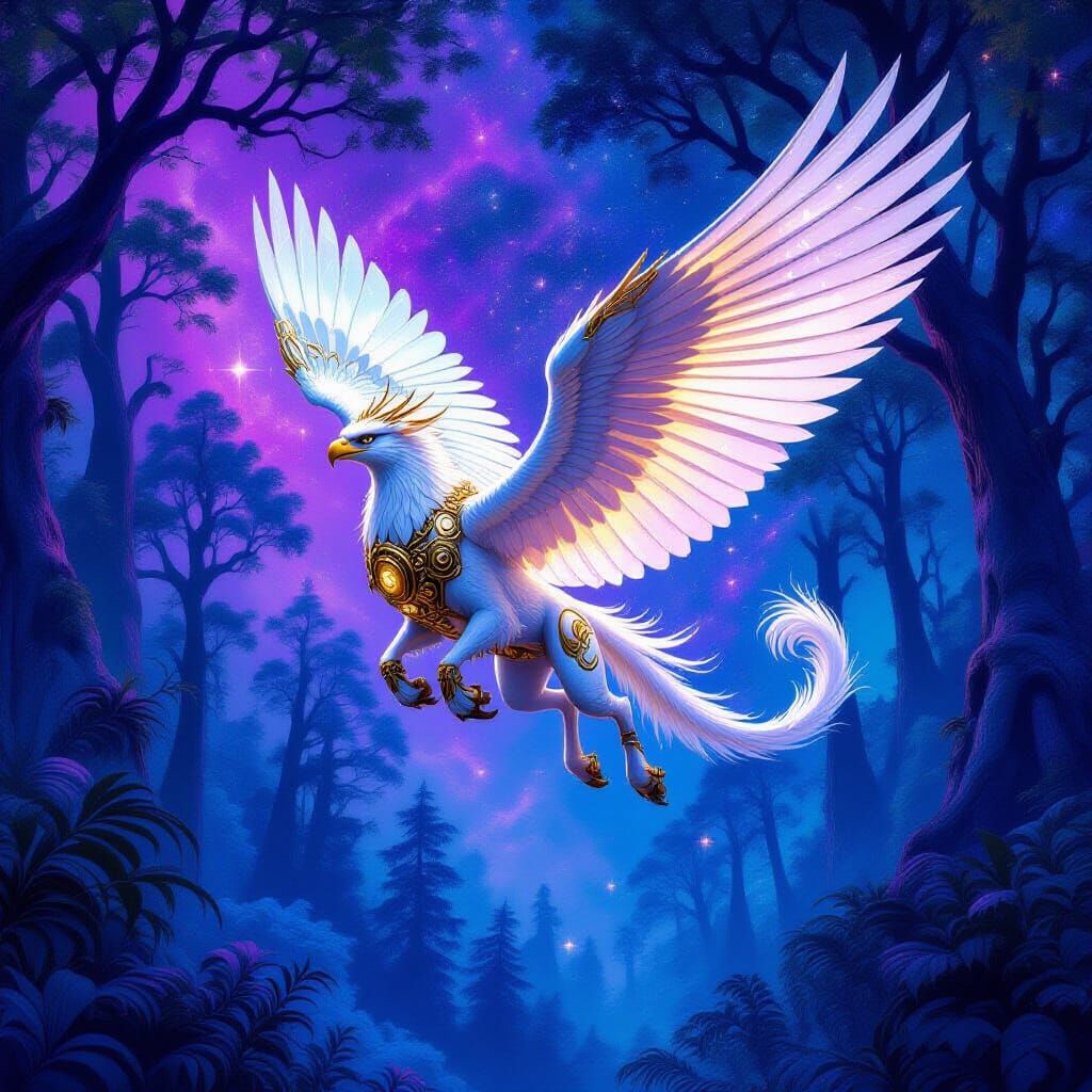 Clockwork Gryphon Soaring Through Nebula