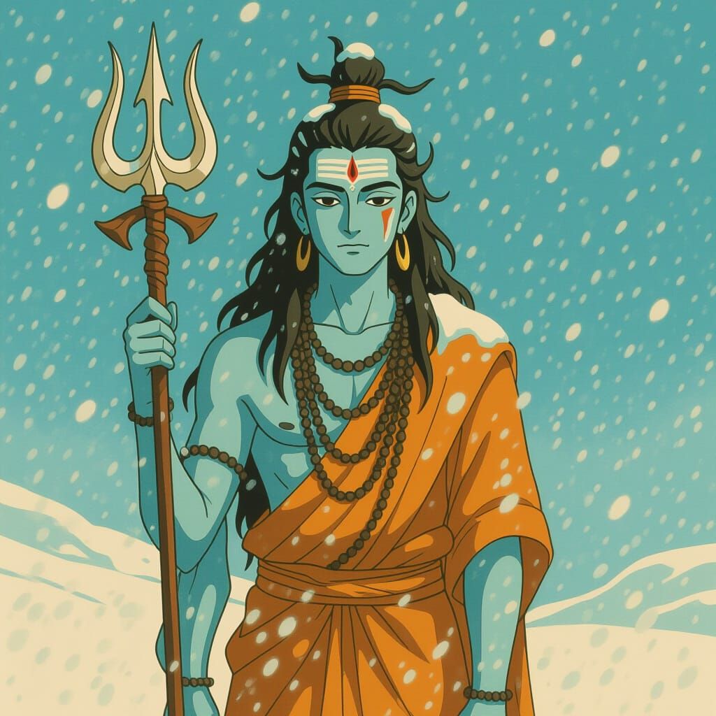 Serene Shiva in Falling Snow, Ghibli-Style Illustration