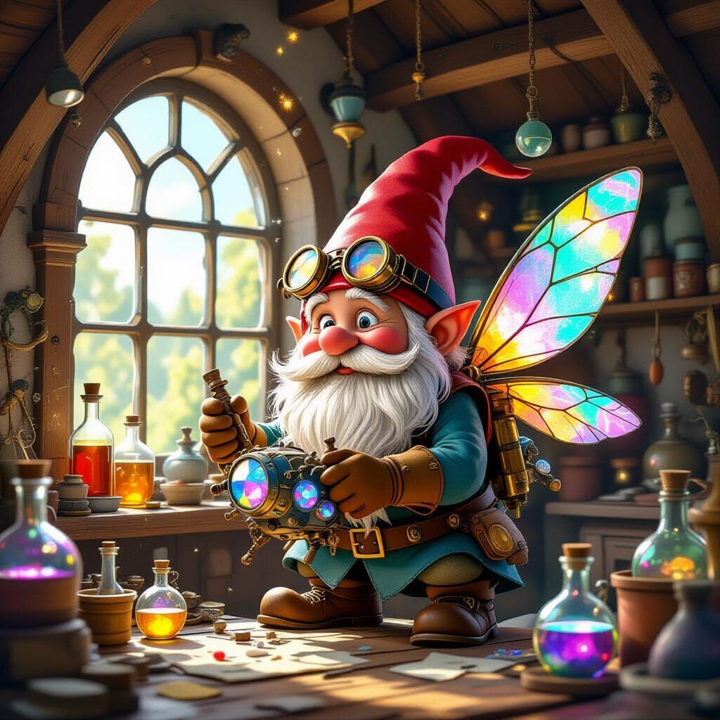 Whimsical Gnome Tinkerer Assembling Flying Machine in Storyb...