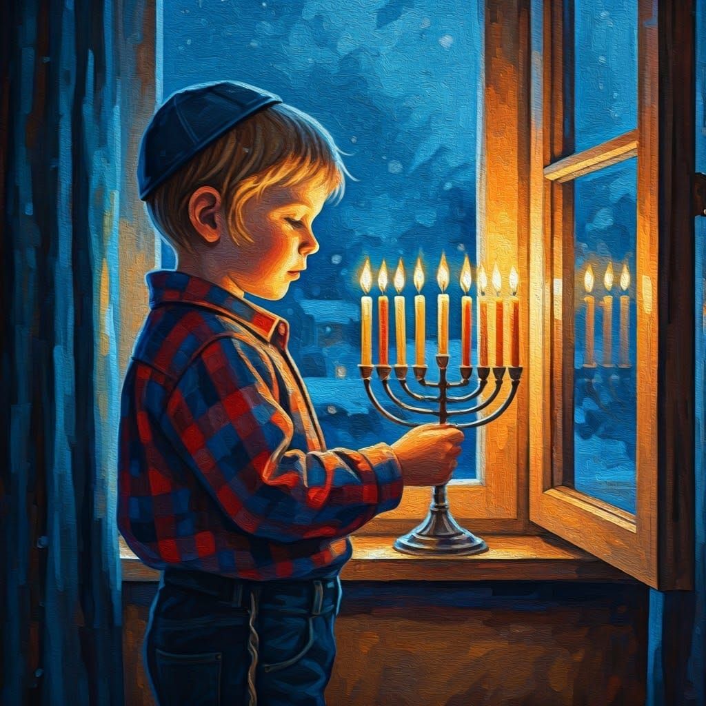A Haredi Boy's Hanukkah Moment in Neo-Impressionist Style