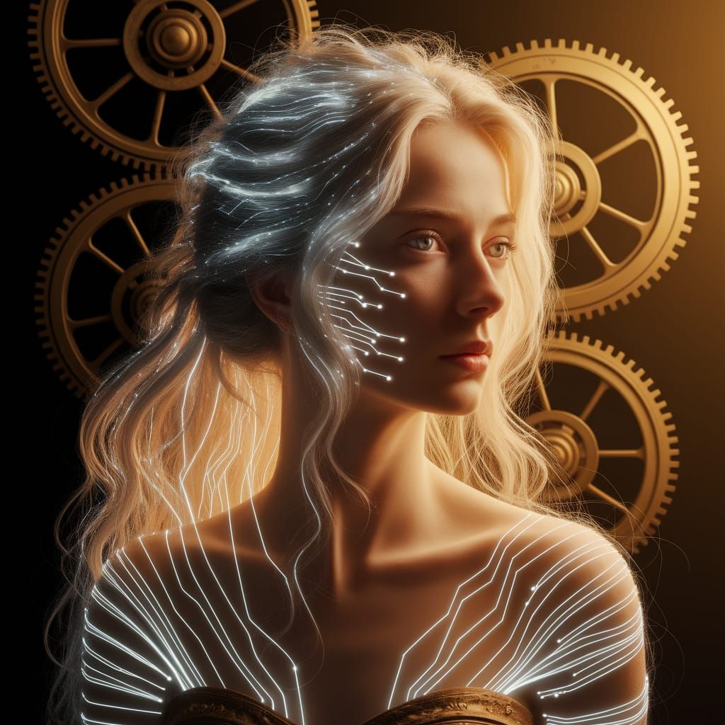 Woman With Glowing Circuit Hair in Classical Portrait Style