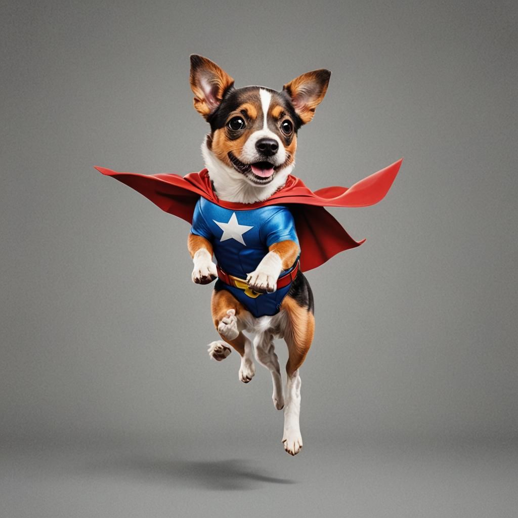 Dog as Superhero Flies Through the Sky