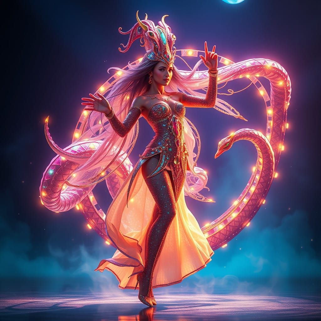 Enchanting Snake Goddess Dances Under a Kaleidoscope of Ligh...