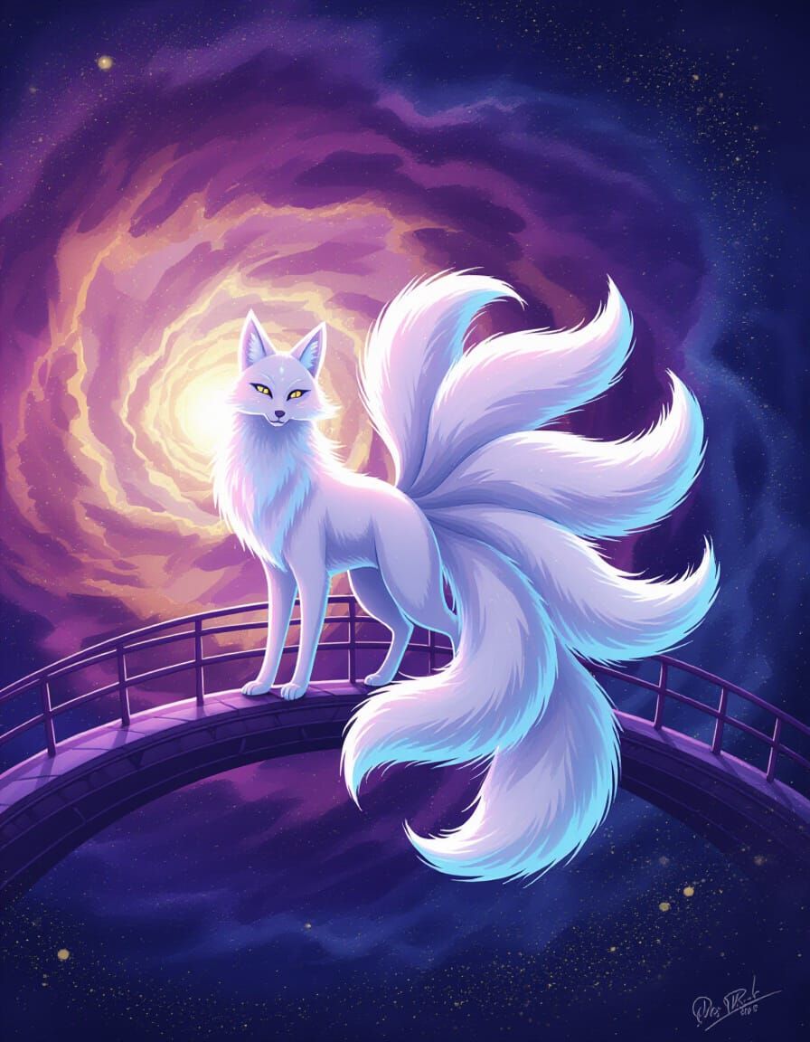 Celestial Nine-Tailed Kitsune Over Nebula as Digital Paintin...