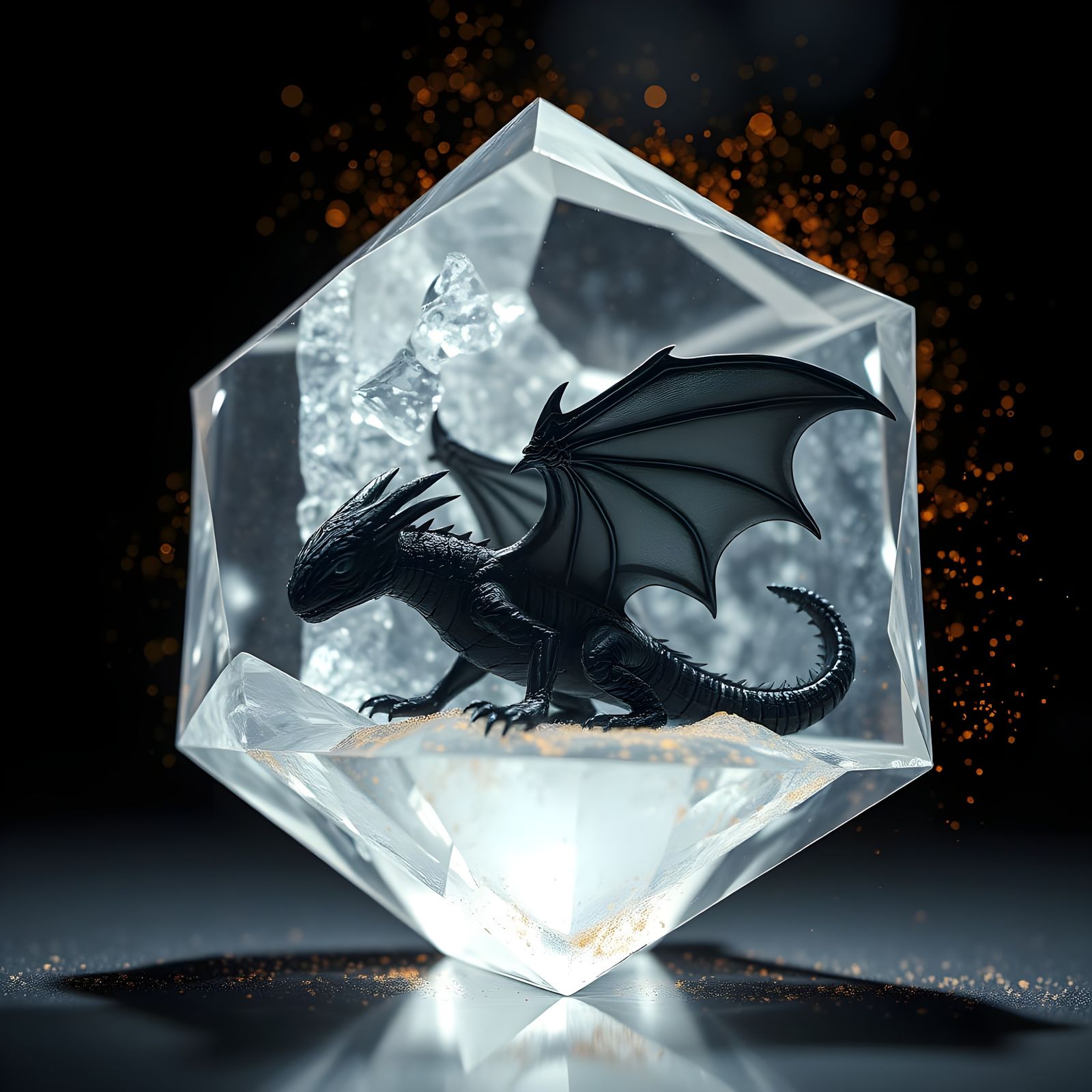 Black Ice Dragon Hatchling in Crystal Cube