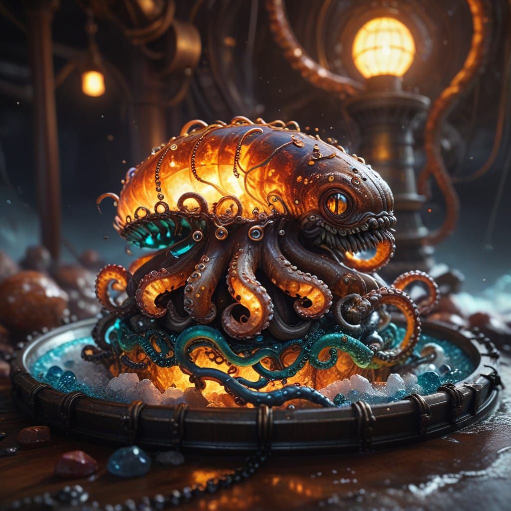 Steampunk Kraken Crushes Lighthouse in Gemstone Ocean