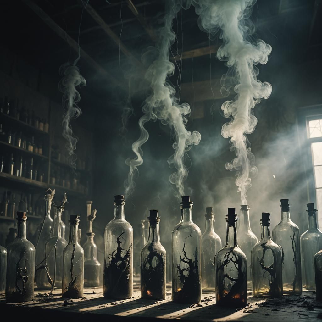 Dystopian Laboratory with Ominous Bottles: Surrealist Image
