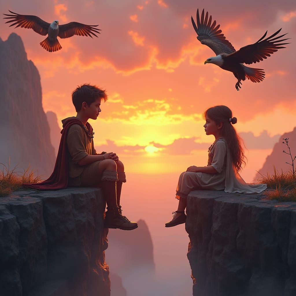 Sunset Cliffs with Eagles: Fantasy Matte Painting