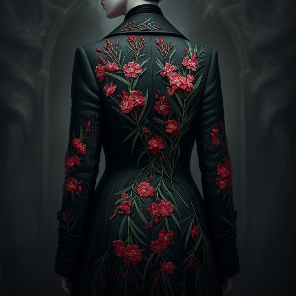 Elegant Woman in Crimson Oleander Embroidered Coat