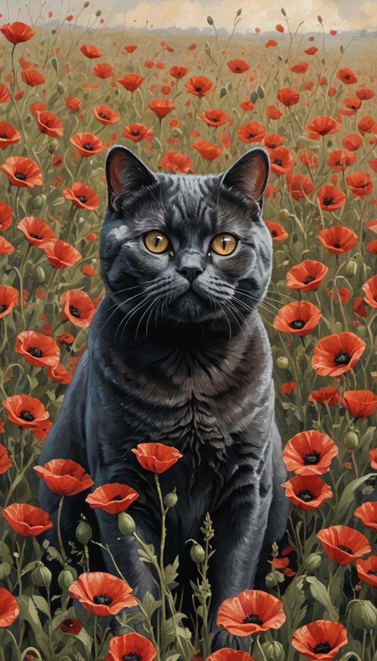 Black Cat in Poppy Field: Gouache Watercolor Painting