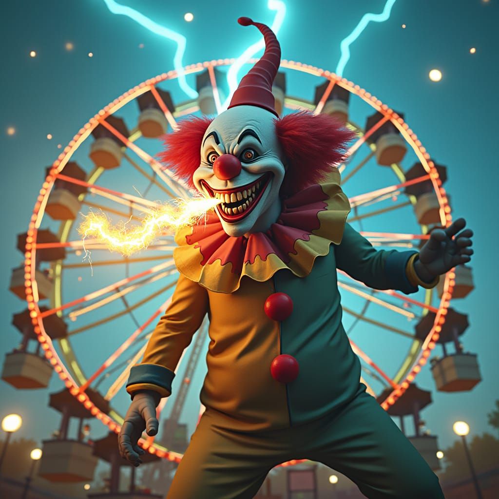 Menacing Clown Squeezing a Rainbow in Dreamlike Setting