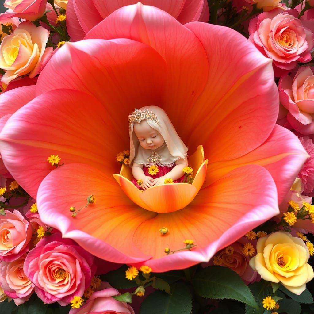 Vibrant Floral Fantasy with a Captive Baby