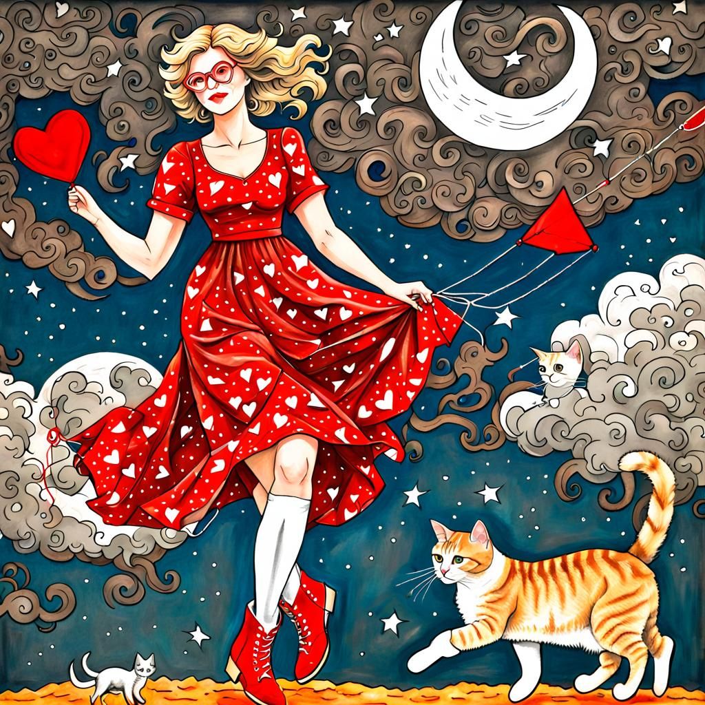 Woman with Moon Kite in European Ink Print Style