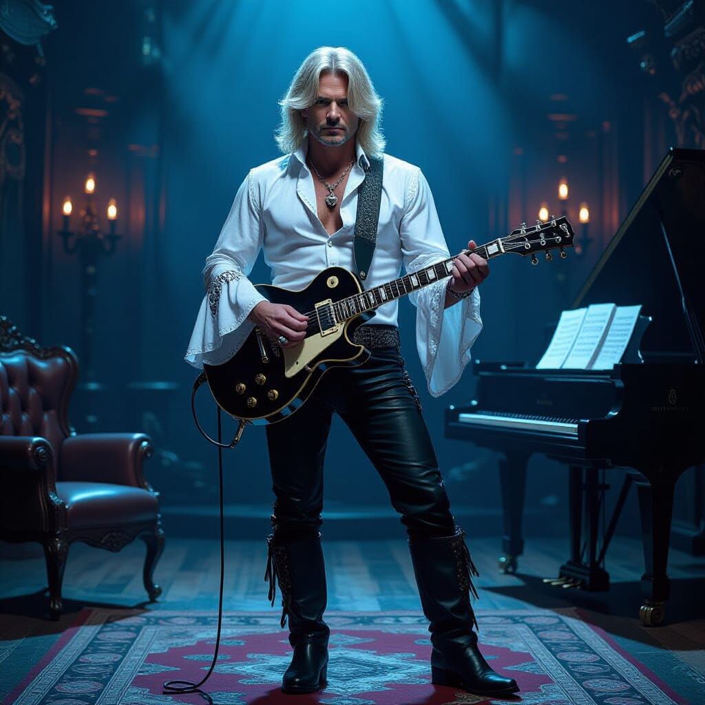 Gothic Rocker Man with Ash Blonde Hair in Moody Room