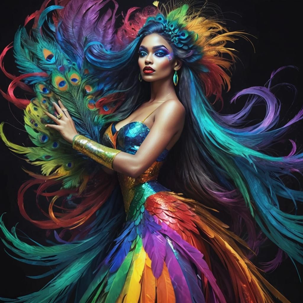 Radiant Woman with Peacock Hair: 3D Digital Art
