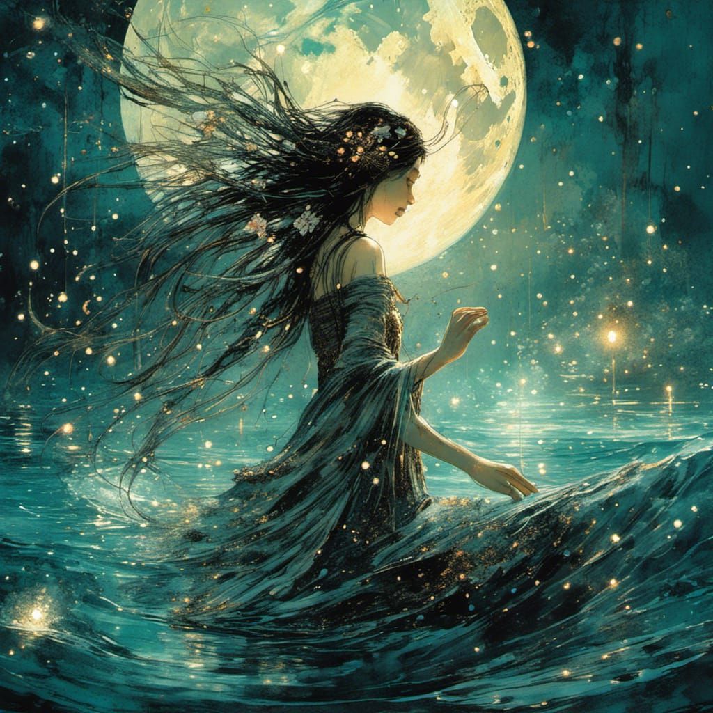 Fairy Over Moonlit Waters: Watercolor Illustration
