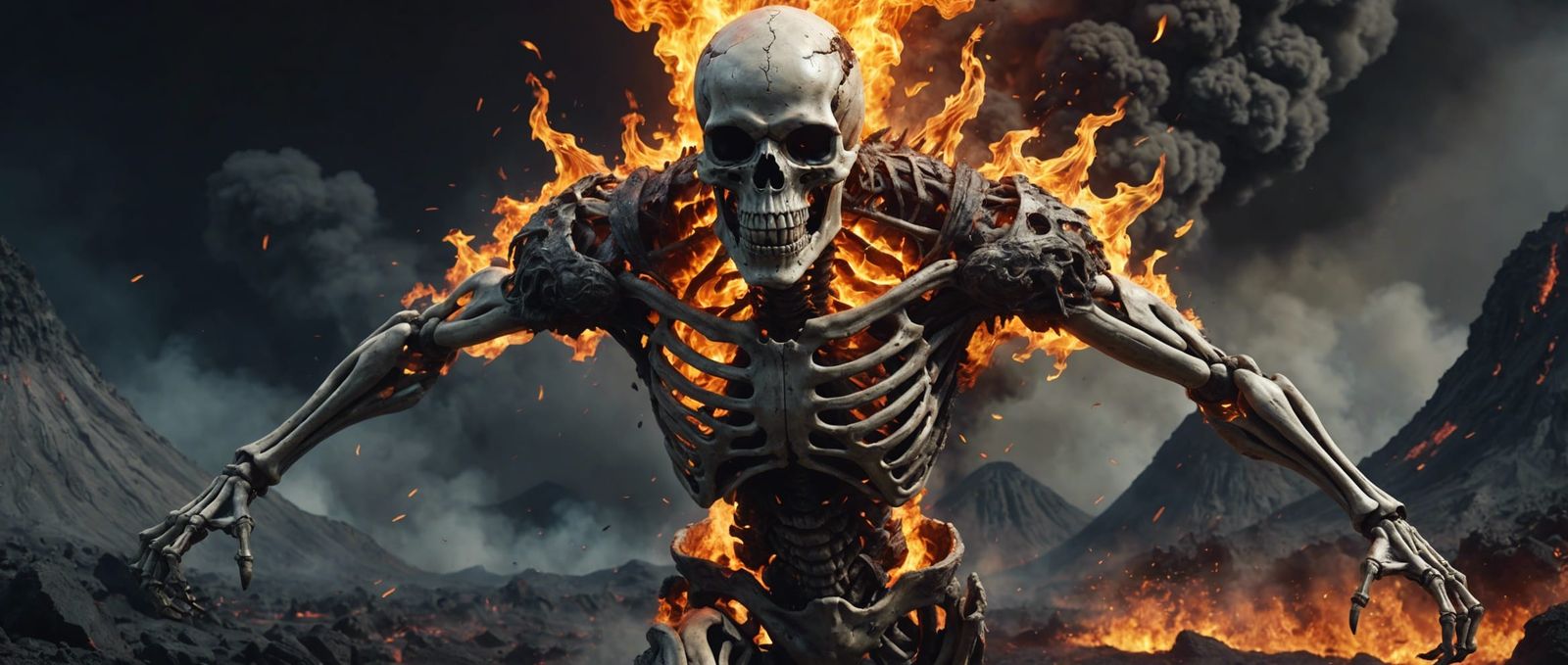 skeleton looking like a burning devil, running from an erupt...