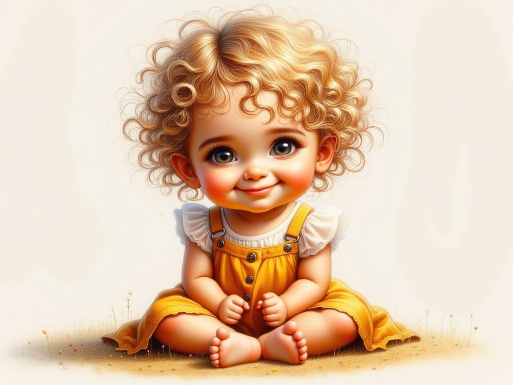Happy Toddler Girl with Curly Hair in Gouache Style